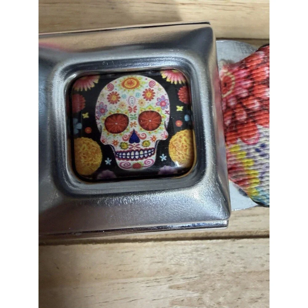 Sugar Skull Starburst Seatbelt Buckle Dog Collar 20-31” Black Multicolor 1.5”
